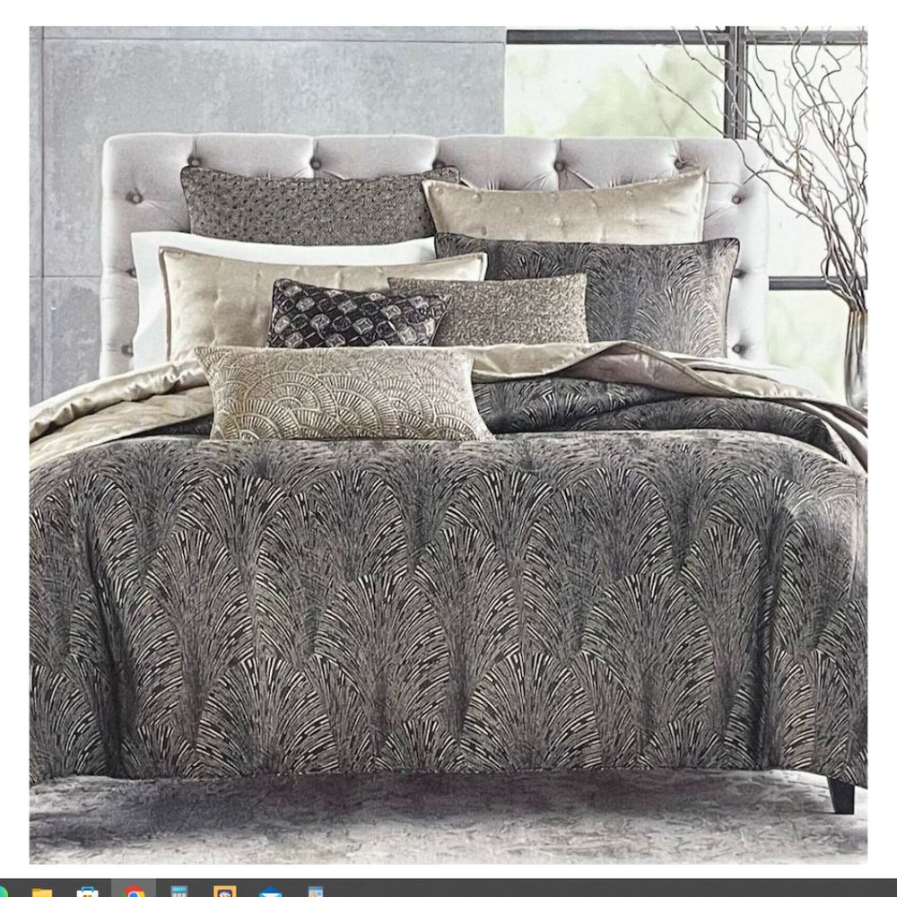 Hudson Park Collection Deco Fan FULL / QUEEN Duvet Cover Black NO SHAMS